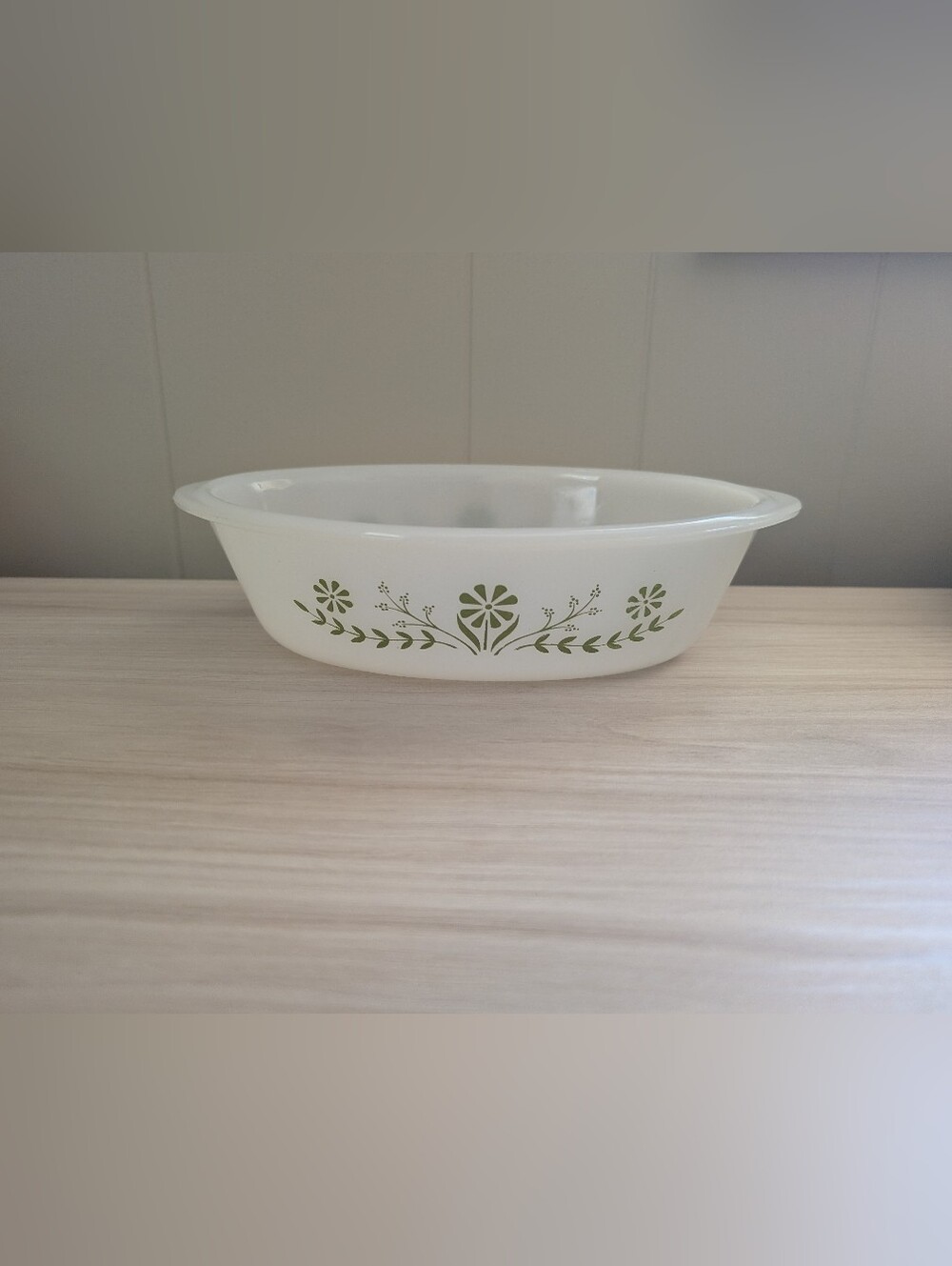 Glasbake Milk Glass Casserole Dish With Geen Floral Daisy Pattern